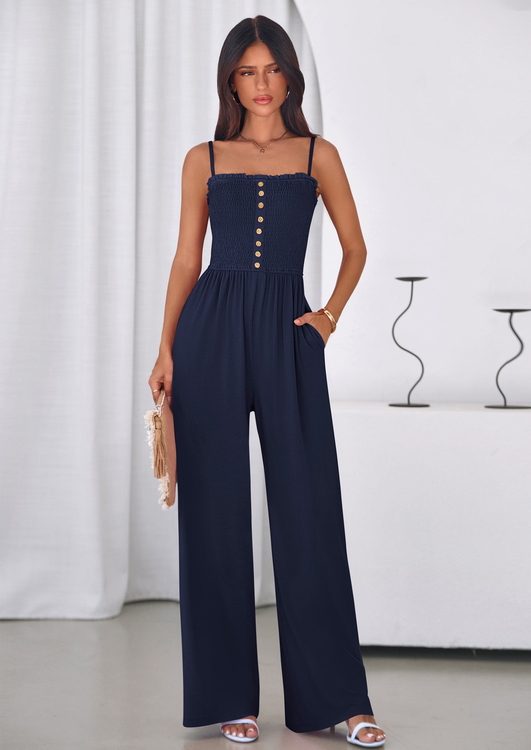 PRETTYGARDEN Jumpsuits for Women Summer Sleeveless Smocked Button Wide Leg Rompers Spring Travel One Piece Outfits PRETTYGARDEN