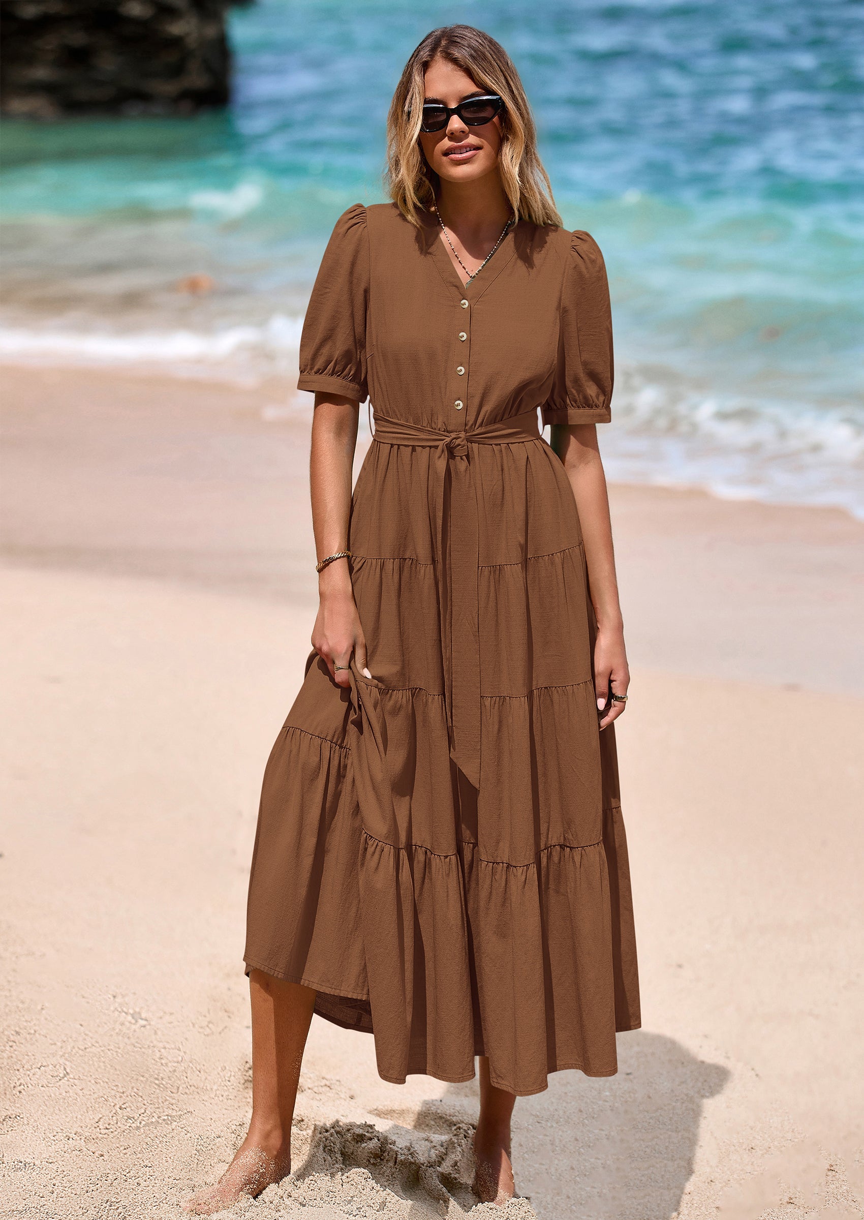 PRETTYGARDEN Women's Midi Dress Casual Short Sleeve V Neck Buttons Bel