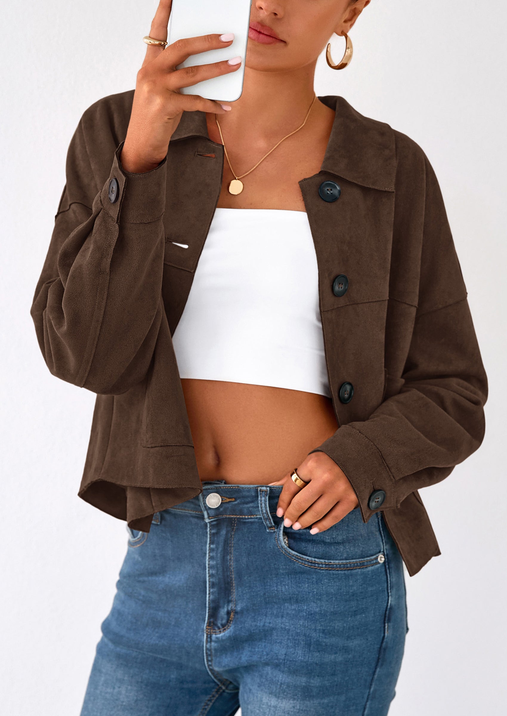 PRETTYGARDEN Women's Faux Suede Cropped Jacket Casual Lightweight Fall Fashion Winter Coats Outerwear Trendy Clothes