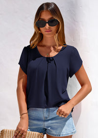 PRETTYGARDEN Summer Tops for Women Short Sleeve Crew Neck Pleated T Shirts Dressy Casual Blouses Spring Fashion Clothes PRETTYGARDEN