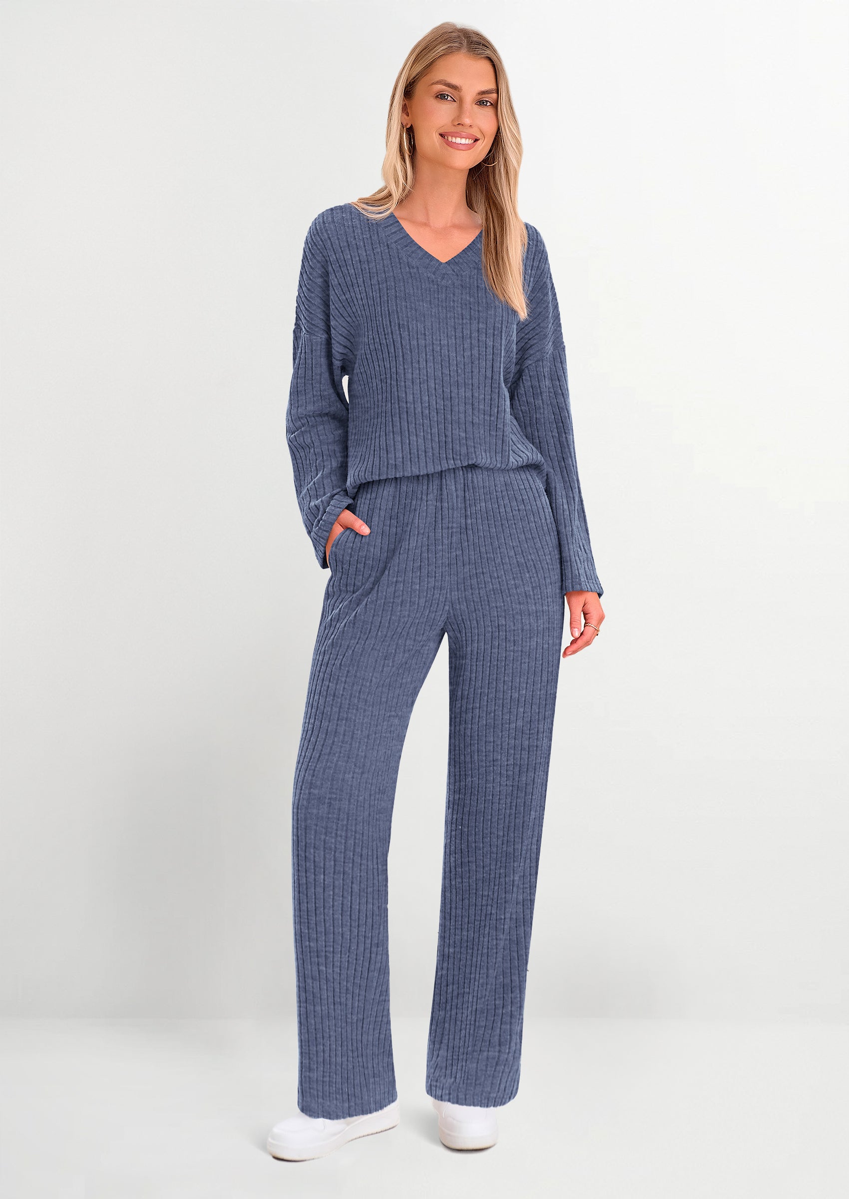PRETTYGARDEN Women's 2 Piece Lounge Sets Ribbed Knit Long Sleeve V Neck Pullover Tops Wide Leg Pants Spring Fall Outfits