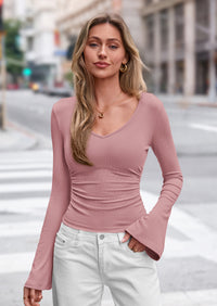 PRETTYGARDEN Women Fall Long Bell Sleeve Shirts Ribbed V Neck Fitted Ruched Trendy Y2K Going Out Tee Tops Summer Clothes