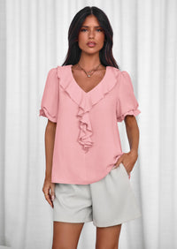 PRETTYGARDEN Women's Summer Dressy Casual Blouses Short Sleeve V Neck Ruffle Going Out Tops Shirt Trendy Spring Outfits PRETTYGARDEN