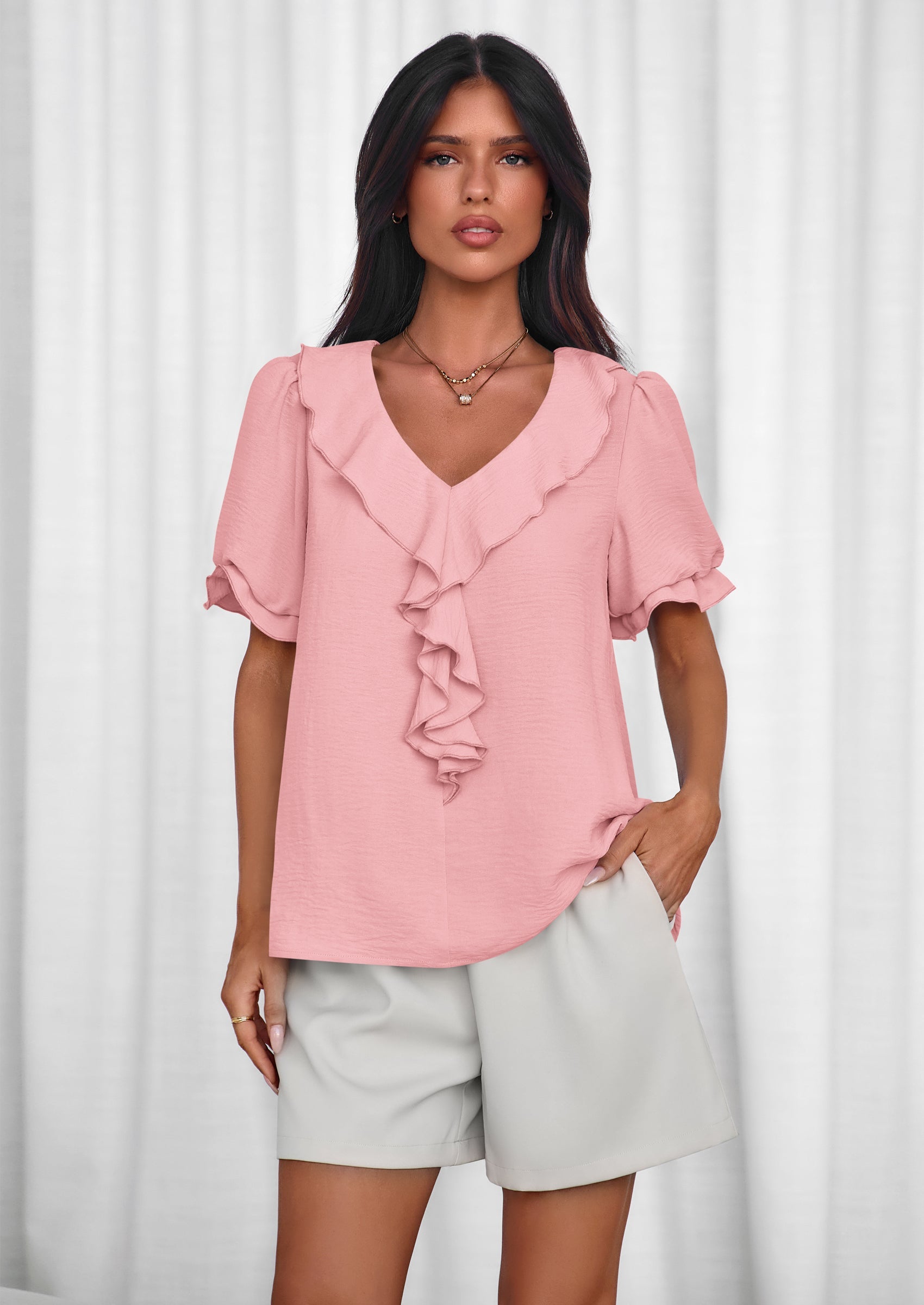 PRETTYGARDEN Women's Summer Dressy Casual Blouses Short Sleeve V Neck Ruffle Going Out Tops Shirt Trendy Spring Outfits PRETTYGARDEN