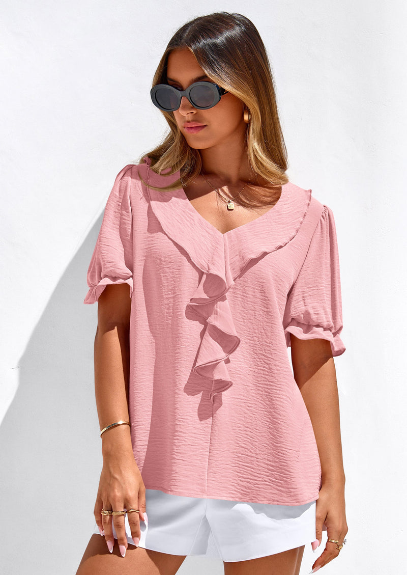 PRETTYGARDEN Women's Summer Dressy Casual Blouses Short Sleeve V Neck Ruffle Going Out Tops Shirt Trendy Spring Outfits PRETTYGARDEN