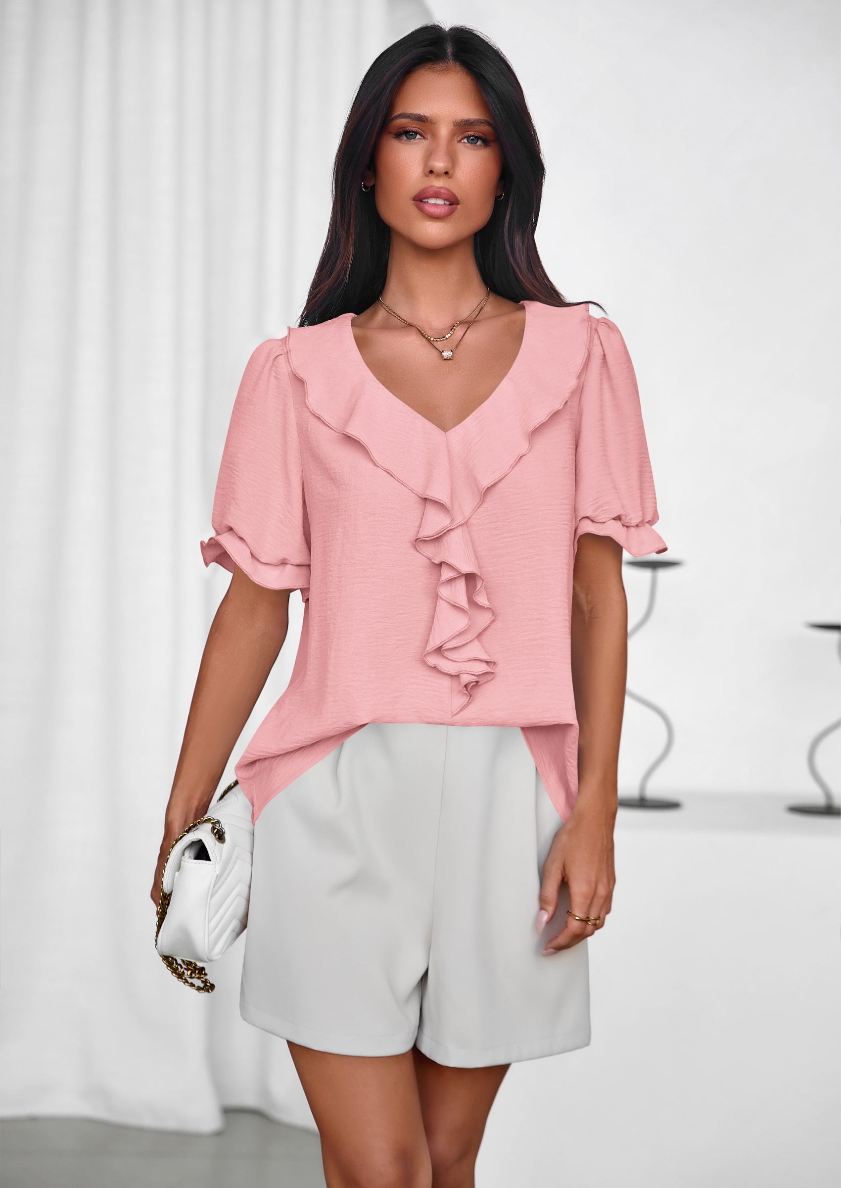 PRETTYGARDEN Women's Summer Dressy Casual Blouses Short Sleeve V Neck Ruffle Going Out Tops Shirt Trendy Spring Outfits PRETTYGARDEN