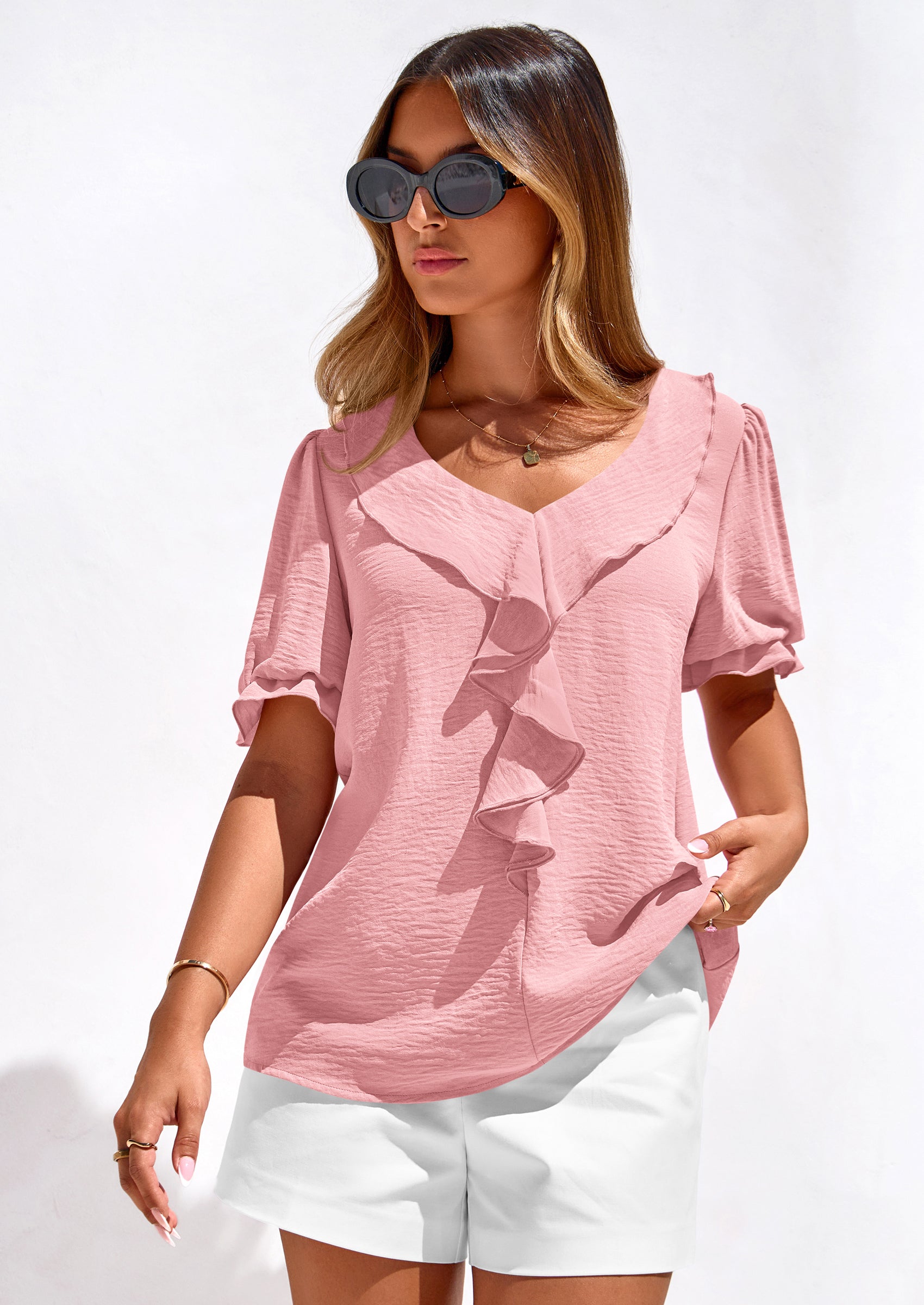 PRETTYGARDEN Women's Summer Dressy Casual Blouses Short Sleeve V Neck Ruffle Going Out Tops Shirt Trendy Spring Outfits PRETTYGARDEN