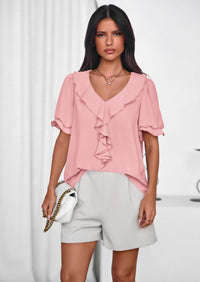PRETTYGARDEN Women's Summer Dressy Casual Blouses Short Sleeve V Neck Ruffle Going Out Tops Shirt Trendy Spring Outfits PRETTYGARDEN