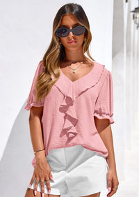 PRETTYGARDEN Women's Summer Dressy Casual Blouses Short Sleeve V Neck Ruffle Going Out Tops Shirt Trendy Spring Outfits PRETTYGARDEN