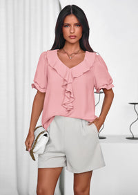 PRETTYGARDEN Women's Summer Dressy Casual Blouses Short Sleeve V Neck Ruffle Going Out Tops Shirt Trendy Spring Outfits PRETTYGARDEN