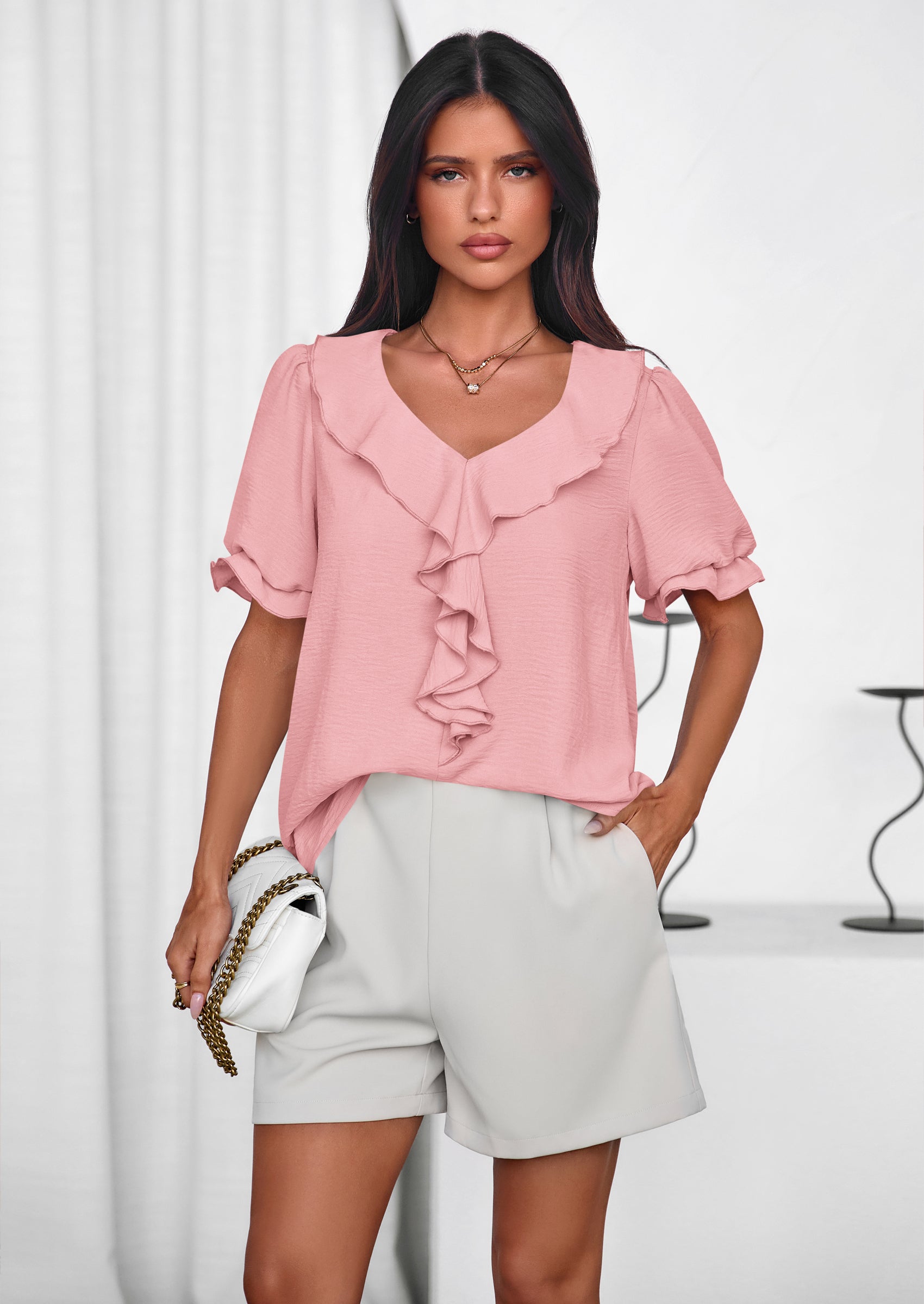 PRETTYGARDEN Women's Summer Dressy Casual Blouses Short Sleeve V Neck Ruffle Going Out Tops Shirt Trendy Spring Outfits PRETTYGARDEN