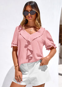 PRETTYGARDEN Women's Summer Dressy Casual Blouses Short Sleeve V Neck Ruffle Going Out Tops Shirt Trendy Spring Outfits PRETTYGARDEN