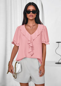 PRETTYGARDEN Women's Summer Dressy Casual Blouses Short Sleeve V Neck Ruffle Going Out Tops Shirt Trendy Spring Outfits PRETTYGARDEN