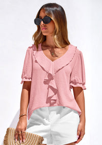 PRETTYGARDEN Women's Summer Dressy Casual Blouses Short Sleeve V Neck Ruffle Going Out Tops Shirt Trendy Spring Outfits PRETTYGARDEN