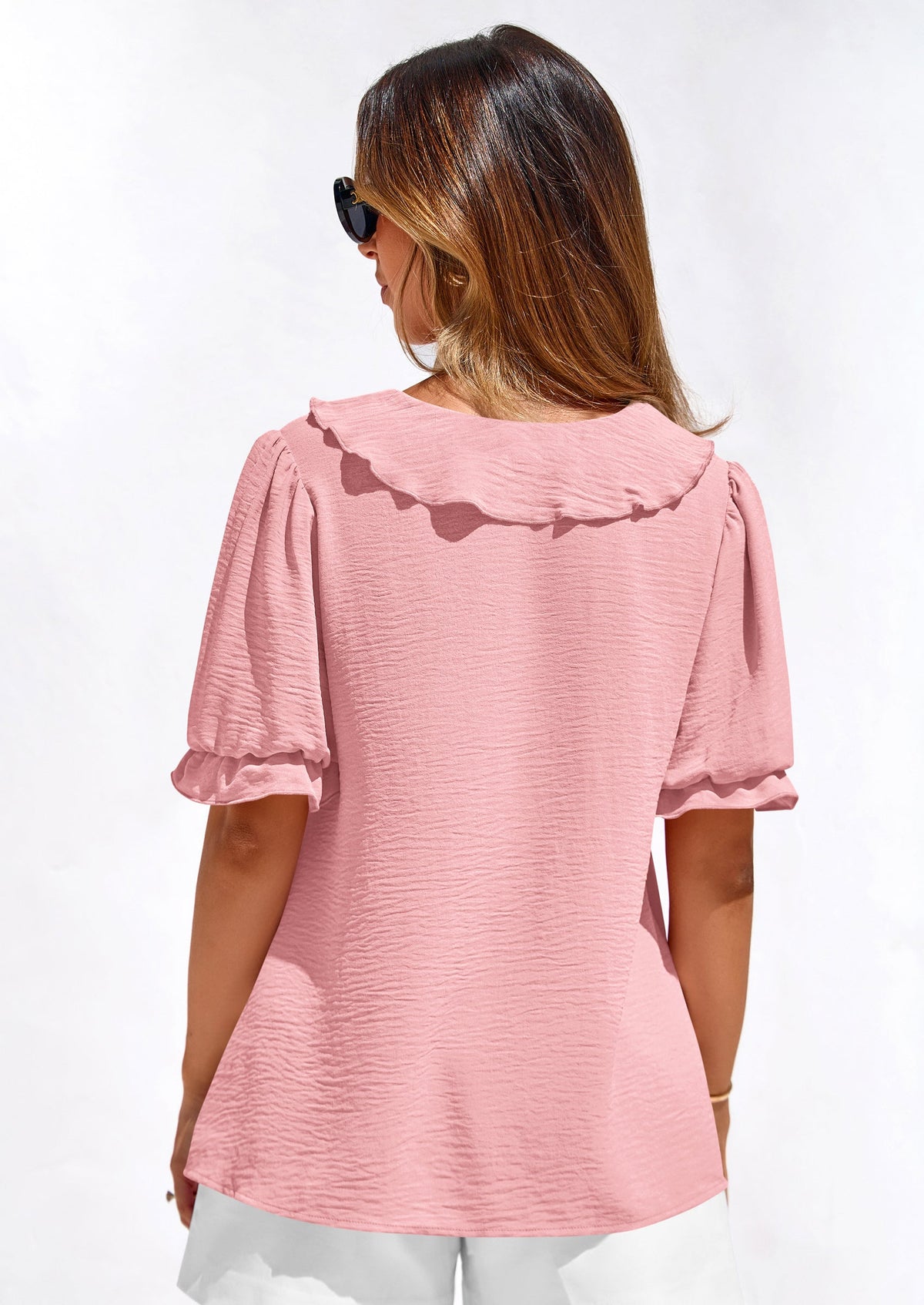 PRETTYGARDEN Women's Summer Dressy Casual Blouses Short Sleeve V Neck Ruffle Going Out Tops Shirt Trendy Spring Outfits PRETTYGARDEN