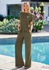 PRETTYGARDEN Women's Summer 2 Piece Matching Lounge Sets Short Sleeve Shirts Tops Wide Leg Pants Travel Airport Outfits
