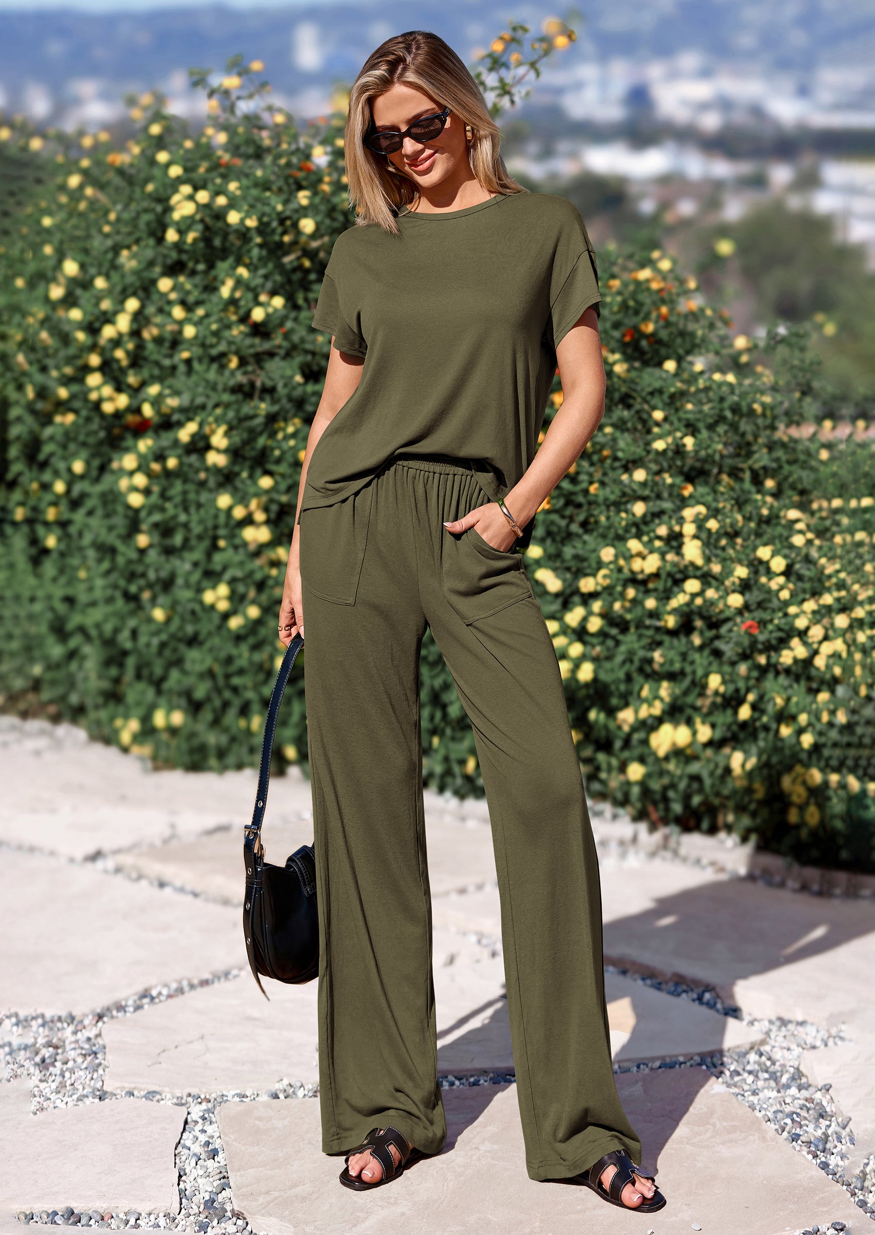 PRETTYGARDEN Women's Summer 2 Piece Matching Lounge Sets Short Sleeve Shirts Tops Wide Leg Pants Travel Airport Outfits