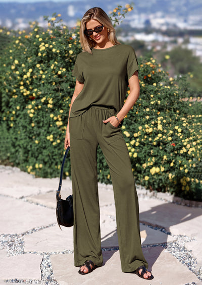 PRETTYGARDEN Women's Summer 2 Piece Matching Lounge Sets Short Sleeve Shirts Tops Wide Leg Pants Travel Airport Outfits