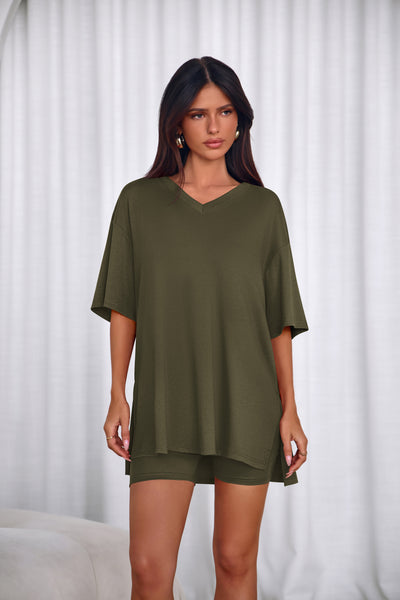 PRETTYGARDEN 2 Piece Sets for Women Summer Lounge Short Set Spring Matching Biker Shorts V Neck Oversized Shirt Clothing PRETTYGARDEN