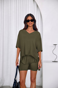 PRETTYGARDEN 2 Piece Sets for Women Summer Lounge Short Set Spring Matching Biker Shorts V Neck Oversized Shirt Clothing PRETTYGARDEN