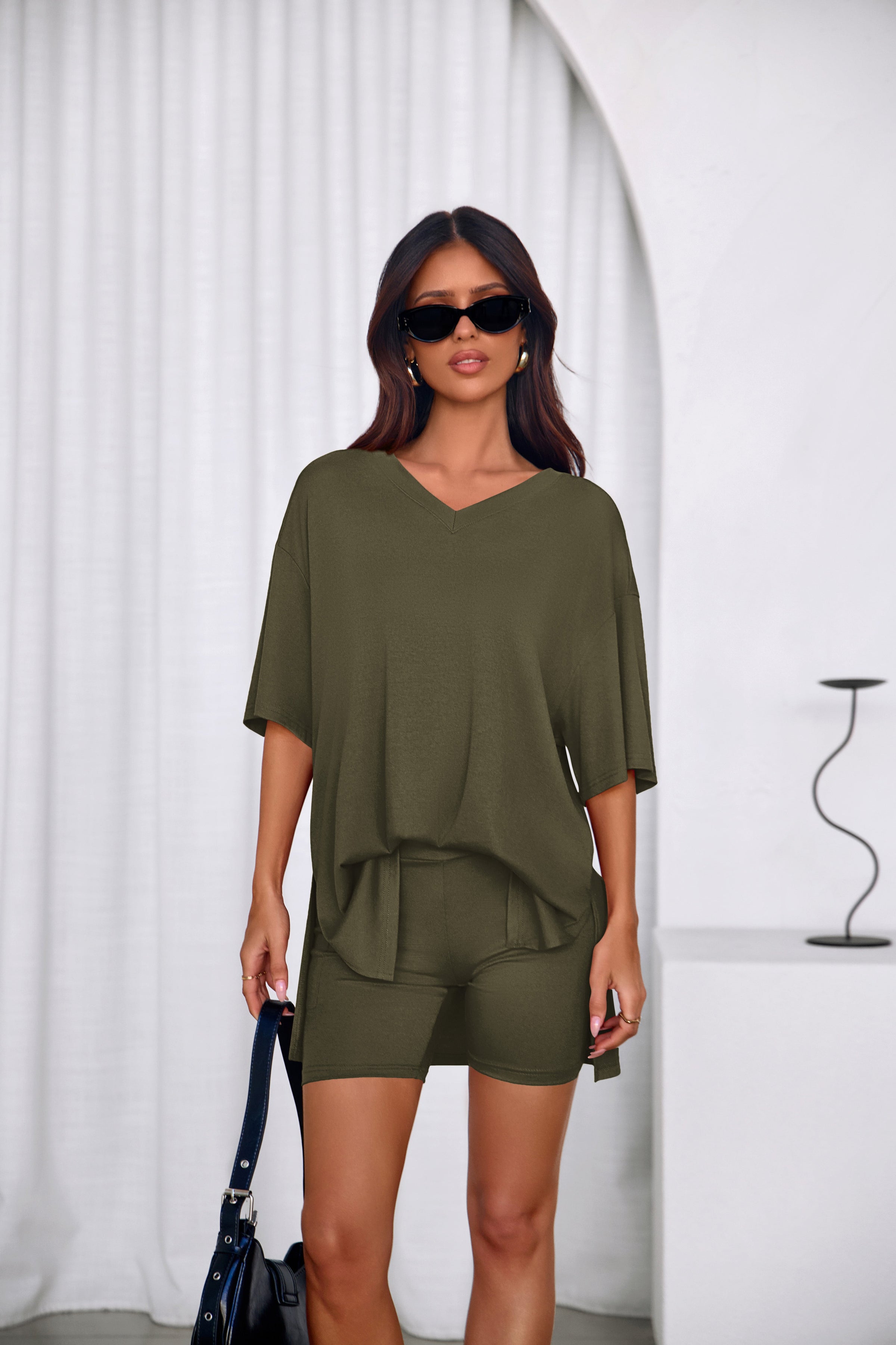 PRETTYGARDEN 2 Piece Sets for Women Summer Lounge Short Set Spring Matching Biker Shorts V Neck Oversized Shirt Clothing PRETTYGARDEN