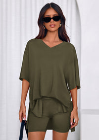 PRETTYGARDEN 2 Piece Sets for Women Summer Lounge Short Set Spring Matching Biker Shorts V Neck Oversized Shirt Clothing PRETTYGARDEN