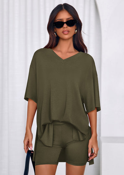 PRETTYGARDEN 2 Piece Sets for Women Summer Lounge Short Set Spring Matching Biker Shorts V Neck Oversized Shirt Clothing PRETTYGARDEN