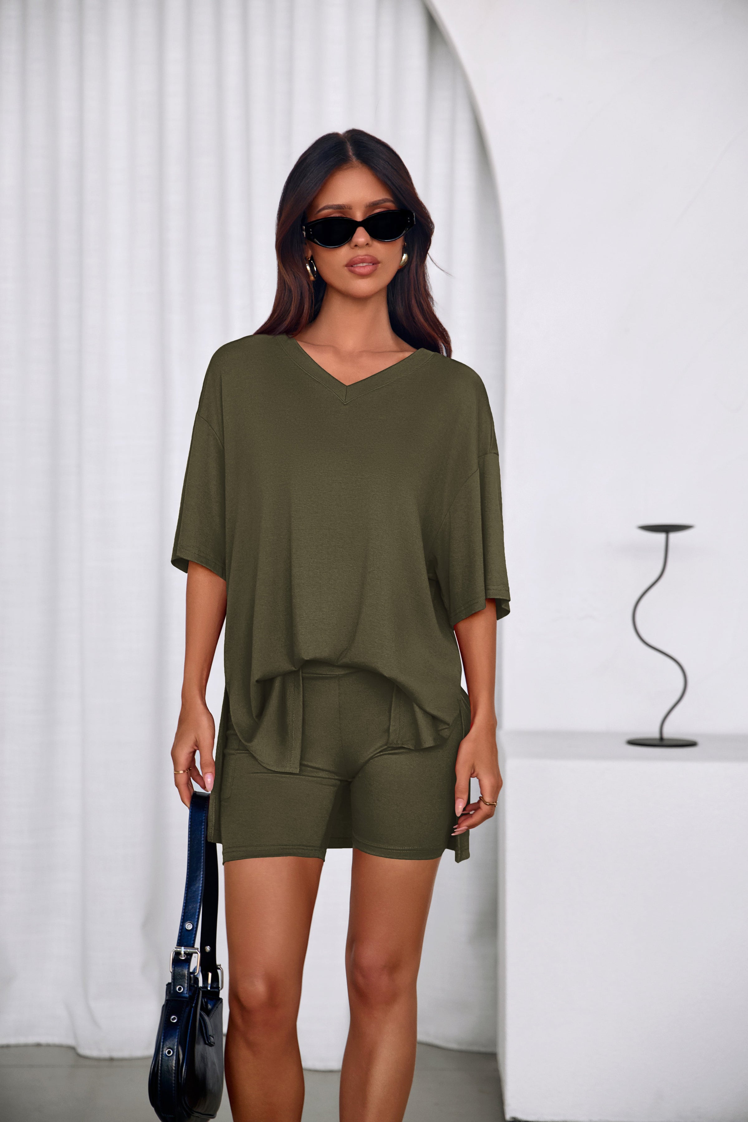 PRETTYGARDEN 2 Piece Sets for Women Summer Lounge Short Set Spring Matching Biker Shorts V Neck Oversized Shirt Clothing PRETTYGARDEN