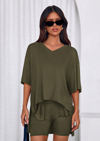 PRETTYGARDEN 2 Piece Sets for Women Summer Lounge Short Set Spring Matching Biker Shorts V Neck Oversized Shirt Clothing PRETTYGARDEN