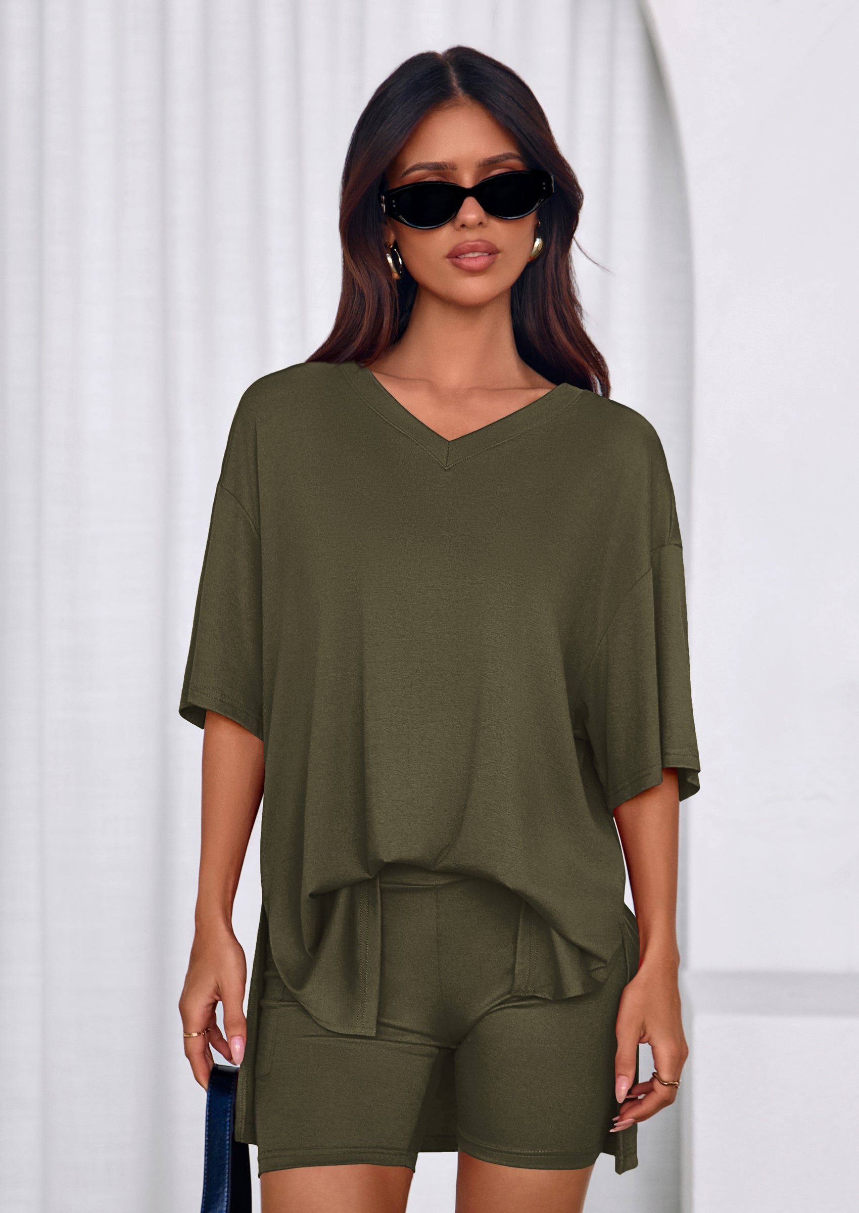 PRETTYGARDEN 2 Piece Sets for Women Summer Lounge Short Set Spring Matching Biker Shorts V Neck Oversized Shirt Clothing PRETTYGARDEN