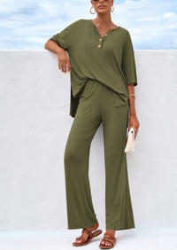 PRETTYGARDEN Women's 2 Piece Outfits Summer Casual V Neck Short Sleeve Tops Wide Leg Pants Matching Lounge Sets