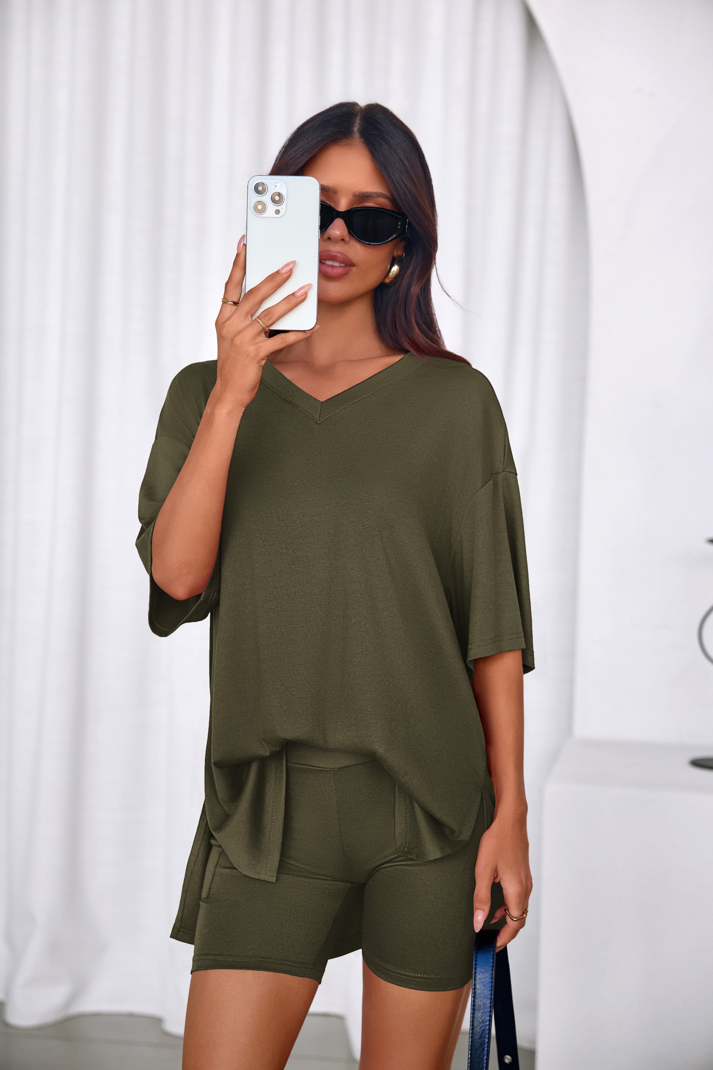 PRETTYGARDEN 2 Piece Sets for Women Summer Lounge Short Set Spring Matching Biker Shorts V Neck Oversized Shirt Clothing PRETTYGARDEN