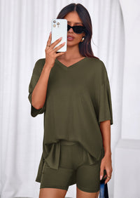 PRETTYGARDEN 2 Piece Sets for Women Summer Lounge Short Set Spring Matching Biker Shorts V Neck Oversized Shirt Clothing PRETTYGARDEN