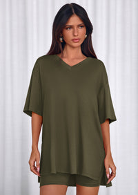 PRETTYGARDEN 2 Piece Sets for Women Summer Lounge Short Set Spring Matching Biker Shorts V Neck Oversized Shirt Clothing PRETTYGARDEN