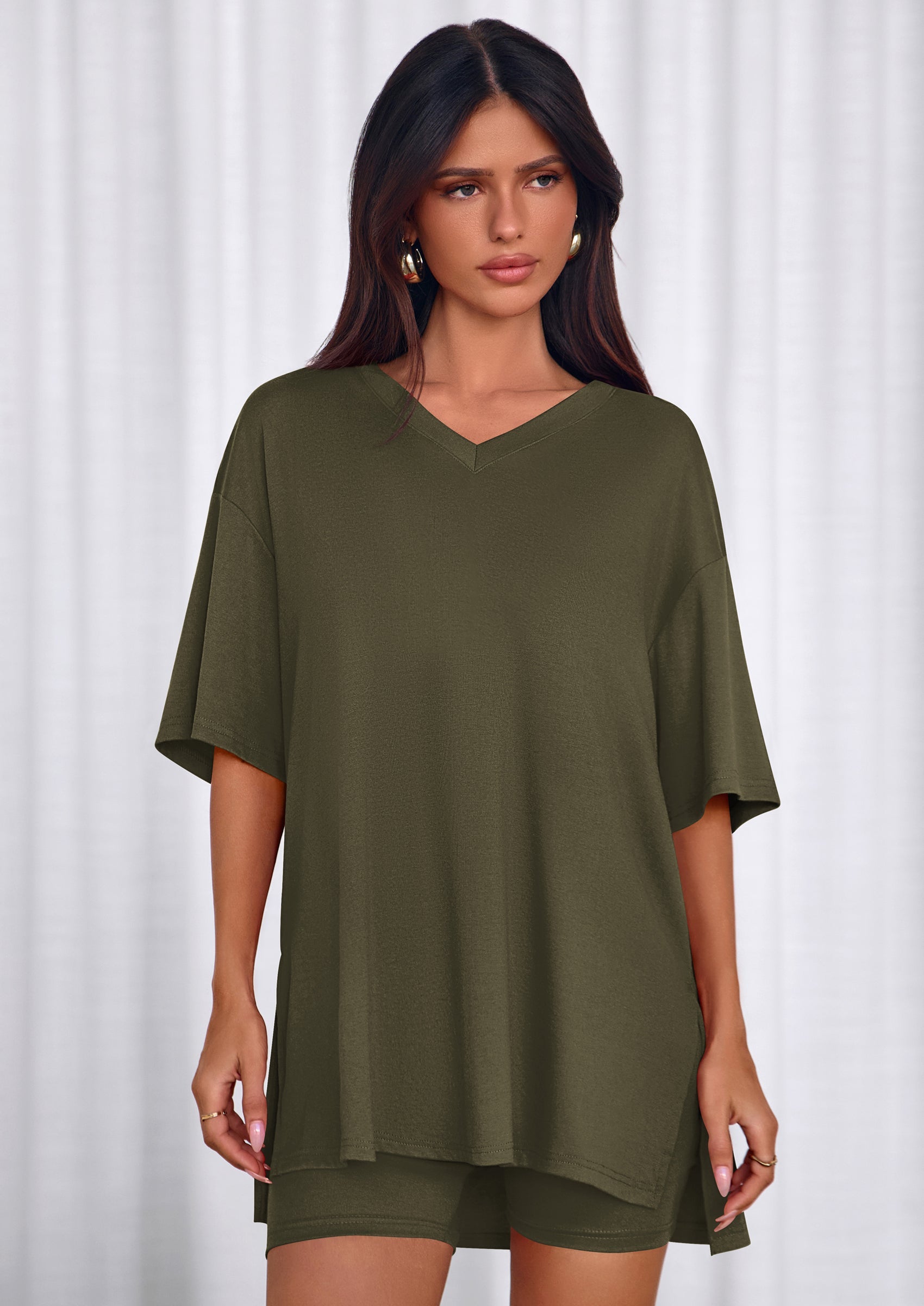 PRETTYGARDEN 2 Piece Sets for Women Summer Lounge Short Set Spring Matching Biker Shorts V Neck Oversized Shirt Clothing PRETTYGARDEN