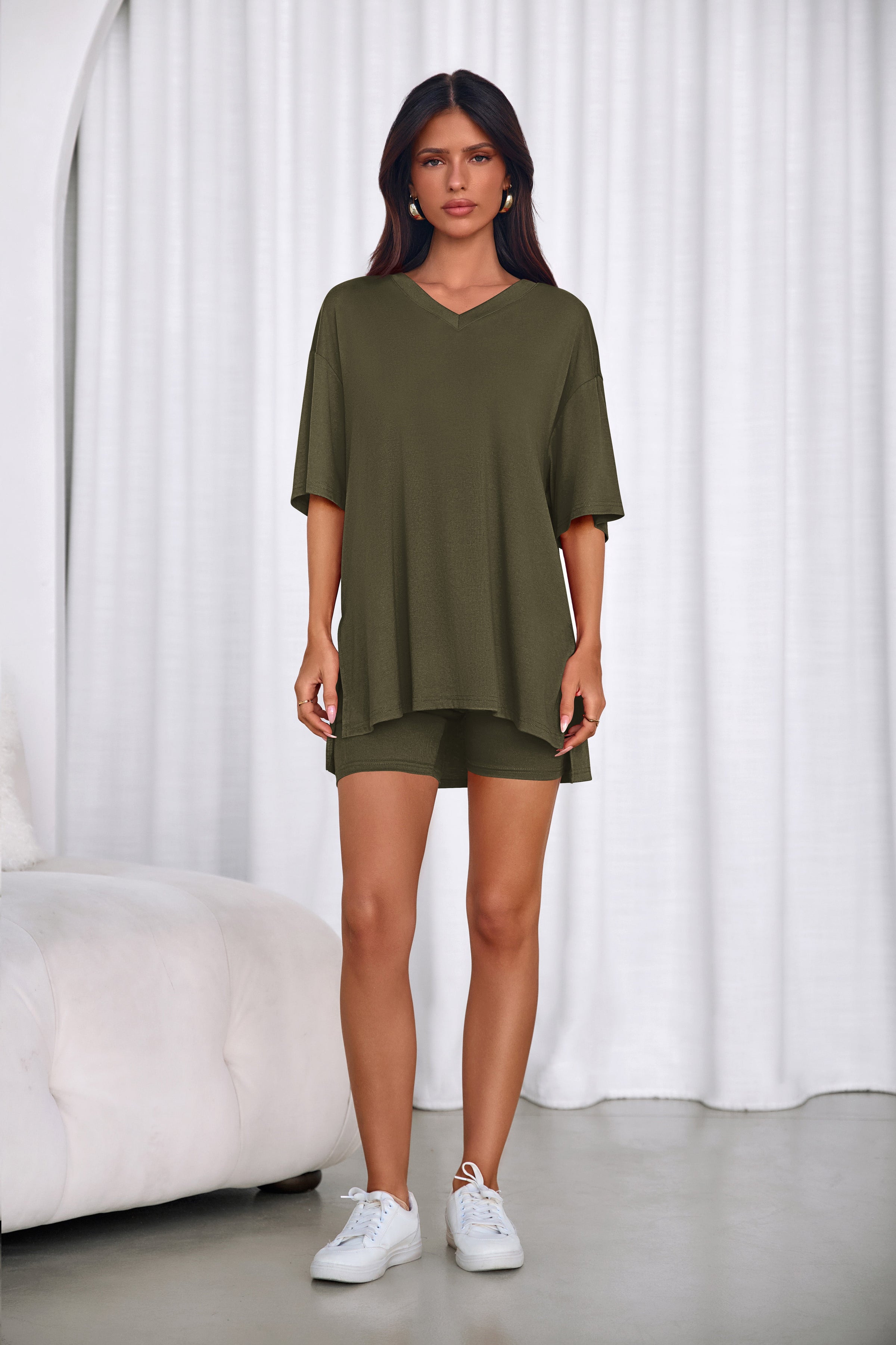 PRETTYGARDEN 2 Piece Sets for Women Summer Lounge Short Set Spring Matching Biker Shorts V Neck Oversized Shirt Clothing PRETTYGARDEN