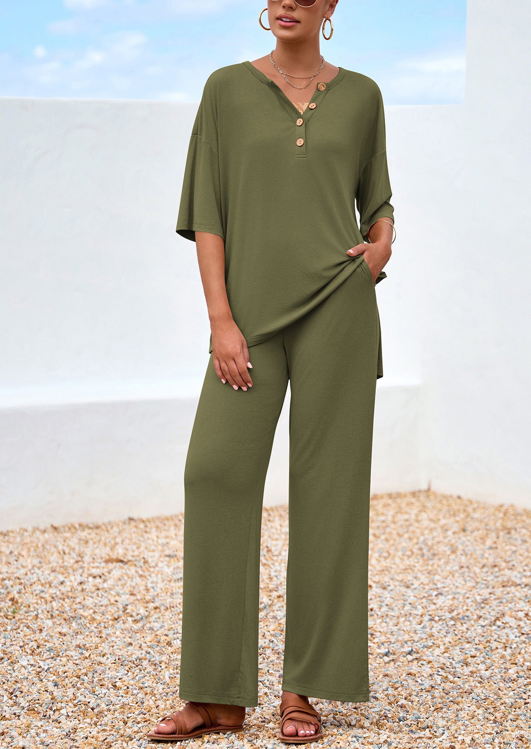 PRETTYGARDEN Women's 2 Piece Outfits Summer Casual V Neck Short Sleeve Tops Wide Leg Pants Matching Lounge Sets