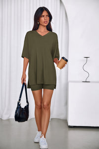 PRETTYGARDEN 2 Piece Sets for Women Summer Lounge Short Set Spring Matching Biker Shorts V Neck Oversized Shirt Clothing PRETTYGARDEN