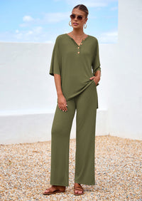 PRETTYGARDEN Women's 2 Piece Outfits Summer Casual V Neck Short Sleeve Tops Wide Leg Pants Matching Lounge Sets