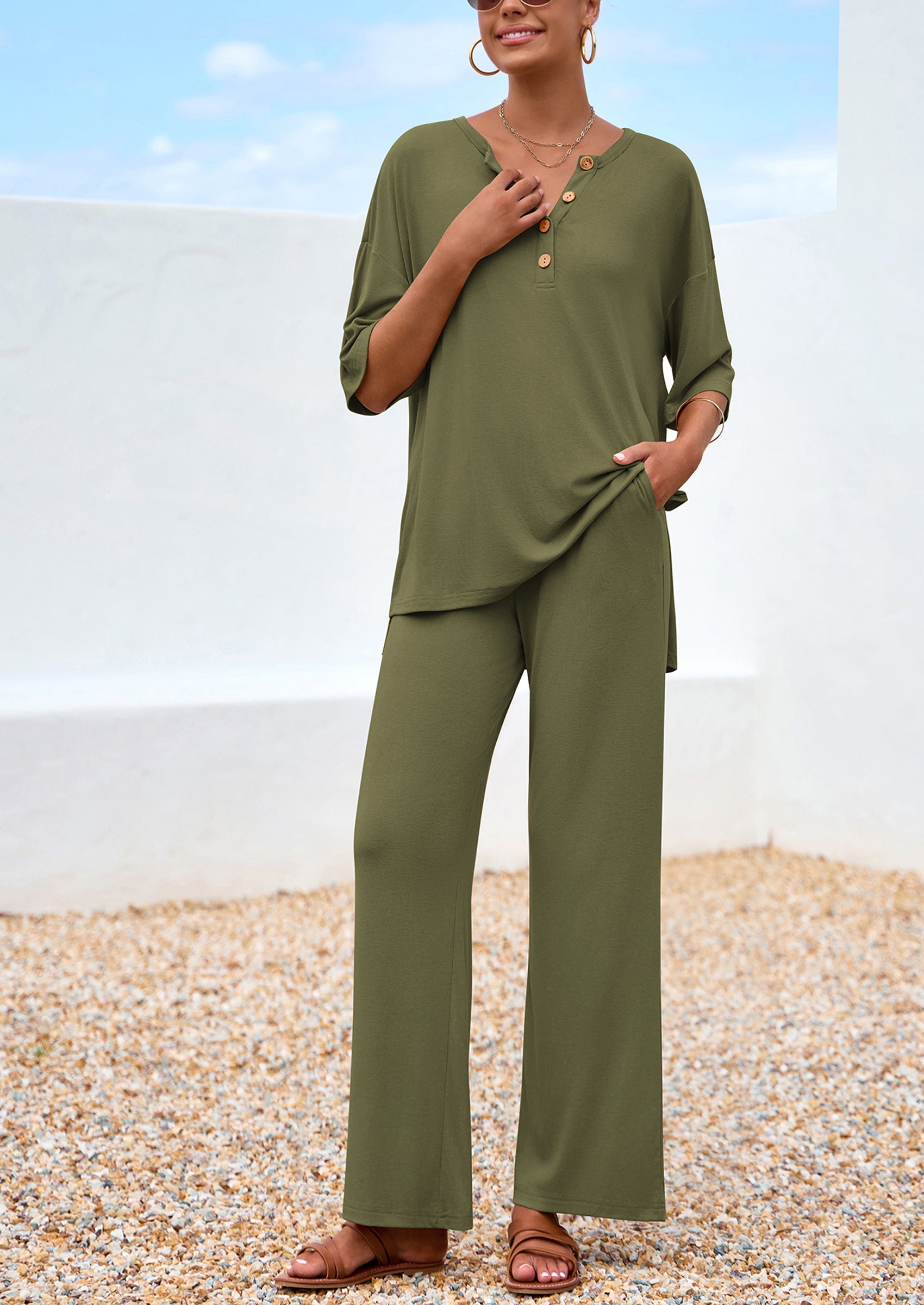 PRETTYGARDEN Women's 2 Piece Outfits Summer Casual V Neck Short Sleeve Tops Wide Leg Pants Matching Lounge Sets