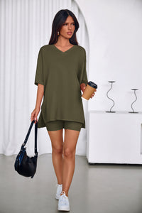 PRETTYGARDEN 2 Piece Sets for Women Summer Lounge Short Set Spring Matching Biker Shorts V Neck Oversized Shirt Clothing PRETTYGARDEN