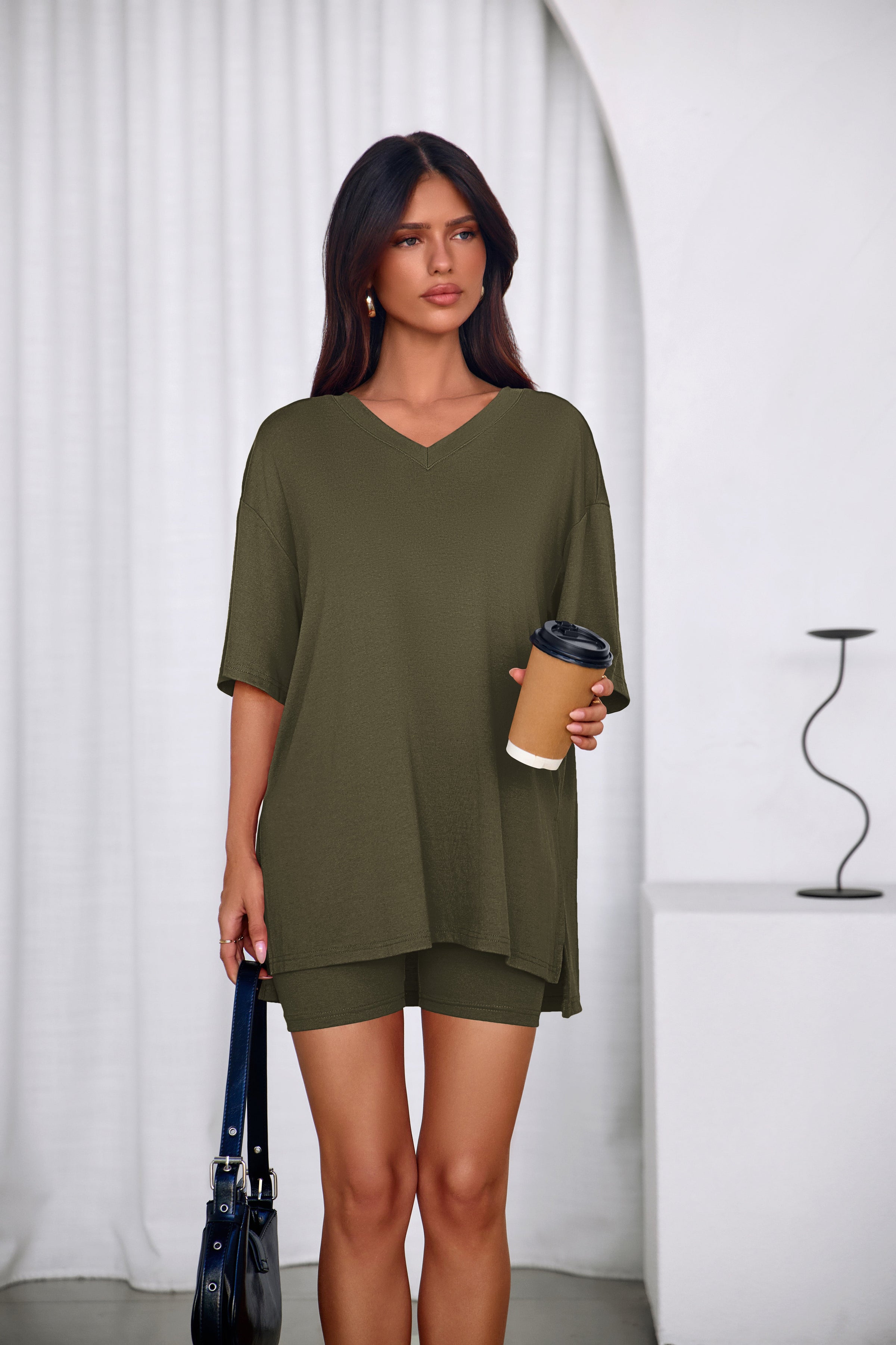 PRETTYGARDEN 2 Piece Sets for Women Summer Lounge Short Set Spring Matching Biker Shorts V Neck Oversized Shirt Clothing PRETTYGARDEN