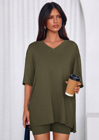 PRETTYGARDEN 2 Piece Sets for Women Summer Lounge Short Set Spring Matching Biker Shorts V Neck Oversized Shirt Clothing PRETTYGARDEN