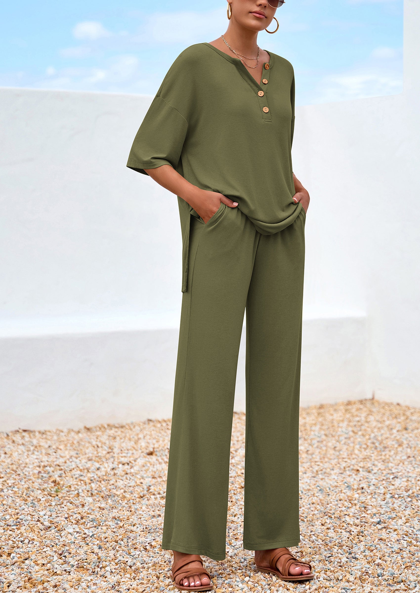 PRETTYGARDEN Women's 2 Piece Outfits Summer Casual V Neck Short Sleeve Tops Wide Leg Pants Matching Lounge Sets