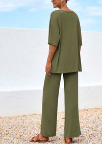 PRETTYGARDEN Women's 2 Piece Outfits Summer Casual V Neck Short Sleeve Tops Wide Leg Pants Matching Lounge Sets