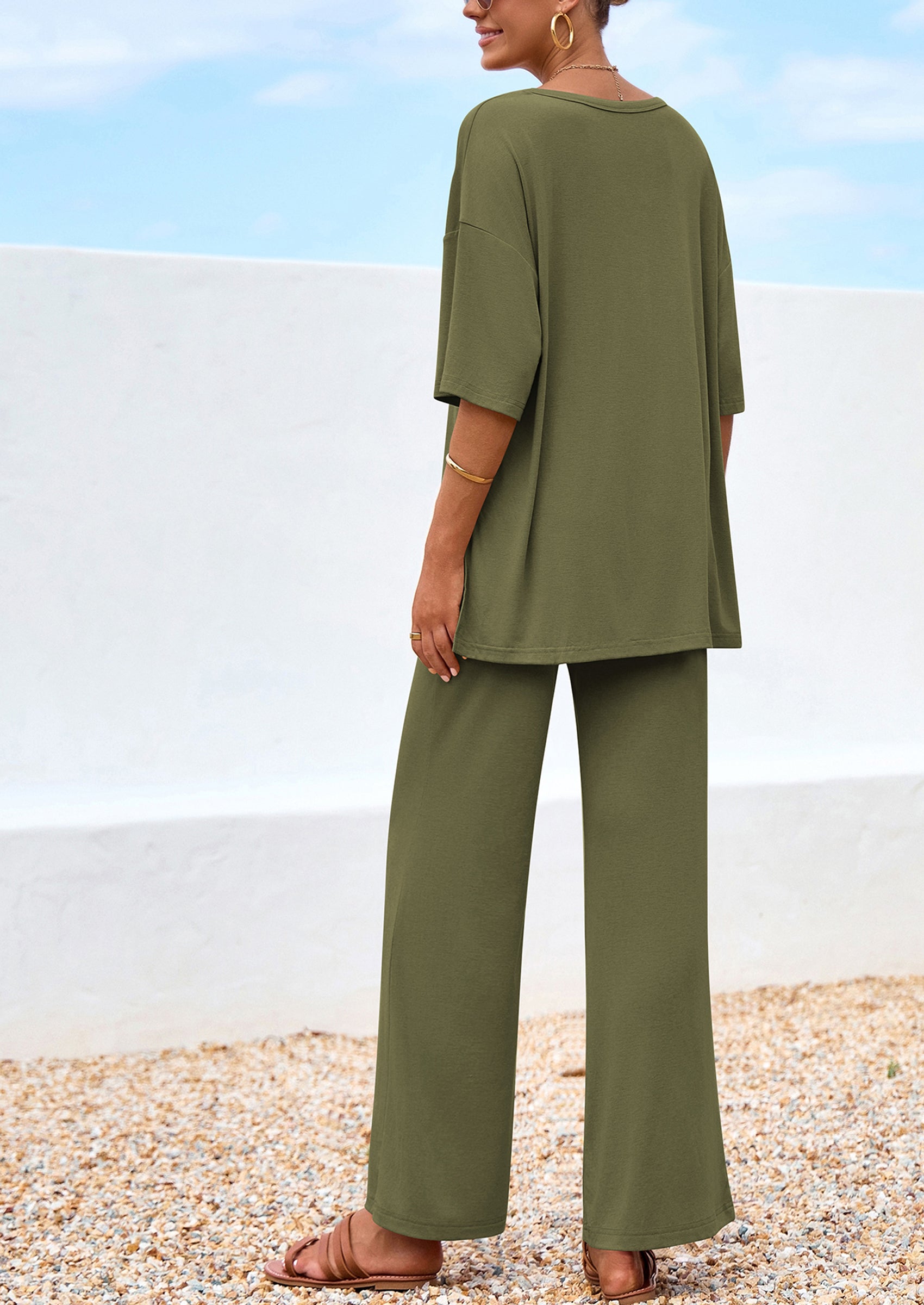 PRETTYGARDEN Women's 2 Piece Outfits Summer Casual V Neck Short Sleeve Tops Wide Leg Pants Matching Lounge Sets