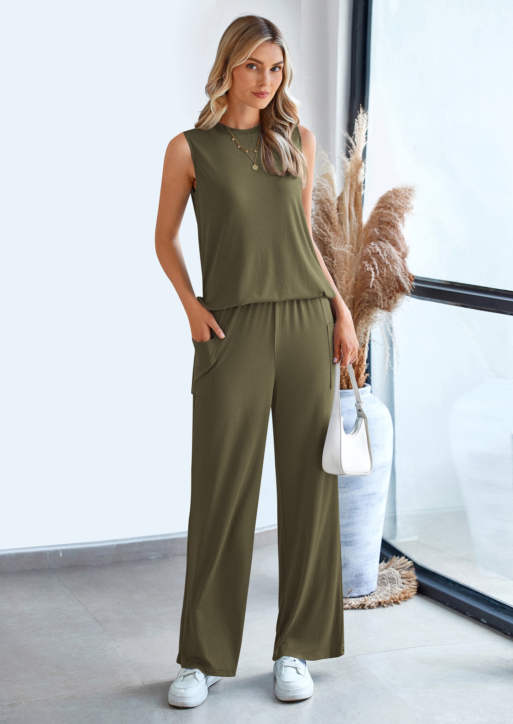 PRETTYGARDEN 2 Piece Set Loose Tank Top Wide Leg Pants Casual Matching Outfits Tracksuit