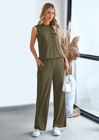 PRETTYGARDEN 2 Piece Set Loose Tank Top Wide Leg Pants Casual Matching Outfits Tracksuit