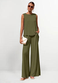 PRETTYGARDEN Women's Two Piece Matching Lounge Sets Asymmetrical Split Tank Tops Wide Leg Pants Summer Outfits Tracksuit