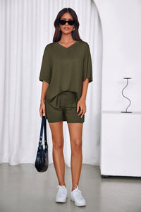 PRETTYGARDEN 2 Piece Sets for Women Summer Lounge Short Set Spring Matching Biker Shorts V Neck Oversized Shirt Clothing PRETTYGARDEN